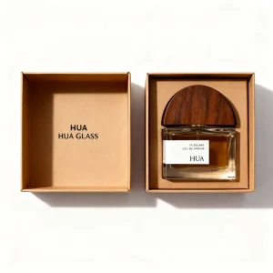 Custom 50ml Wide Flat Square Perfume Spray Bottle with Semicircular Wooden Cap OEM Custom Logo Available