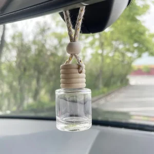 Custom 8ml 9ml 10ml Clear Car Air Freshener with Wooden Cap and Rope Car Perfume Hanging Diffuser Empty Glass Bottles
