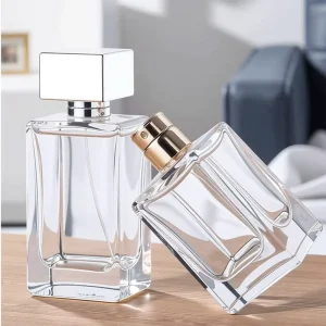 Custom Black Clear Color Perfume Bottle 50ml Empty Square Perfume Bottles with Spray Atomizer and Lid