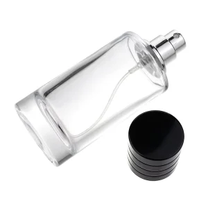 Custom Clear Glass 30ml & 50ml Round Shape Men’s Perfume Refill Bottle with Black Lid & Pump Sprayer