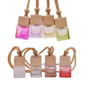 Custom Color Empty Glass Perfume Diffuser Bottle Wooden Lid 8ml 10ml Square Car Hanging Air Fresher Screen Printing Surface