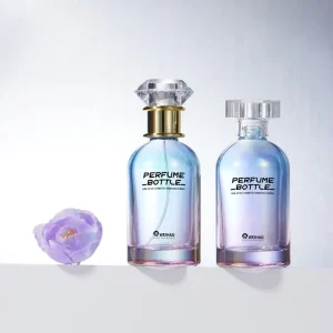 Custom Design Luxury Round Gradient Blue Pink Empty Perfume Glass Bottle 100ml Crimp Colorful with Gold Cap Premium Sprayer