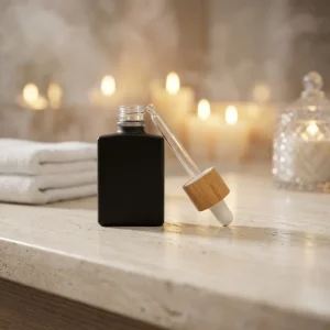 Custom Empty Black 30ml Rectangle Glass Dropper Perfume and Essential Oil Bottle with Bamboo Lid