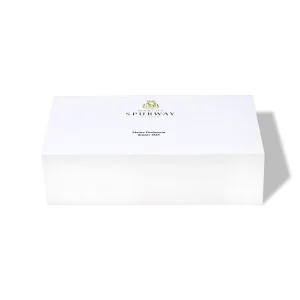 Custom Full White Magnetic Folding Rigid Perfume Box with Gold Foil Icon Black Printing and Embossed Pattern