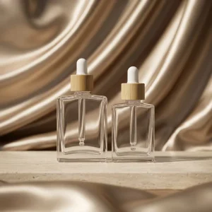 Custom Logo 30ml 50ml 100ml Flat Glass Dropper Bottle Glass Aroma Serum Oil Bottle With Real Natural Bamboo Wood Dropper