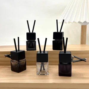 Custom Logo 8ml Black Car Diffuser Glass Bottle Vent Clip Car Hanging Perfume Bottle with Black Wooden Screw Cap and Reed Sticks