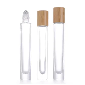 Custom Logo Clear Color Natural Bamboo Lid Tall Thin Glass Perfume 10 ml Luxury Roll on Roller Ball Bottle