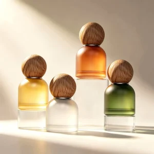 Custom Logo & Outer Packaging Coloful Frosted Glass Car Diffuser Bottle with Wood Lid Empty Aromatherapy Diffuser Container