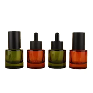 Custom Logo Printing 30ml 50ml Amber Cylindrical Glass Bottle with Thick Base Rubber Bulb Droppe for Essential Oils Serums