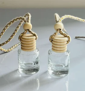 Custom Logo Wood Hanging Cap Car Air Freshener Container 8ml 10ml Glass Perfume Fragrance Bottle Cork Sealed