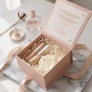 Custom Luxury Nude Pink Rigid Book Box with Ribbon Magnetic Closure Cosmetic Packaging for Bridesmaid Proposal Gift Set