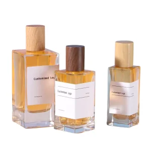 Custom Luxury Square Glass Perfume Bottle with Wood Cover 30ml 50ml 100ml Supply Rubber Stoppers Included