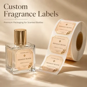 Custom Octagon Die Cut Gold Foil Fragrance Labels Light Beige Matte Paper Roll Supply Clear Glass Perfume Bottle Stickers