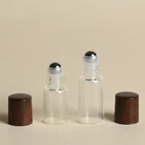 Custom Small Portable 1ml 2ml 3ml 5ml Empty Clear Frosted Amber Color Glass Eye Care Skincare Roll On Bottle with Wood Lid