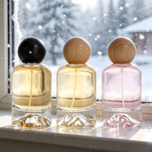 Custom Sticker Volcano Cylinder Empty Perfume Bottle 30ml 50ml 100ml Glass Perfume Bottle with Ball Wooden Cap