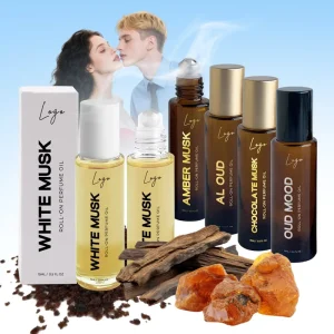 Custom Unisex 15ml Vegan Musk Oud Agarwood Incense Woody Amber Fragrance Matte Steel Ball Roll on Parfum Aroma Perfume Oil