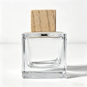 Customized 50ml Empty Square Transparent Glass Containers for Perfume with Wooden Cap and Screen Printing