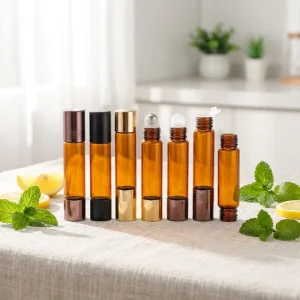 Double Headed Roll on Amber Glass Essential Oil Bottle 10ml with Reed Diffuser Gold Stamp for Perfume Cosmetic Packaging