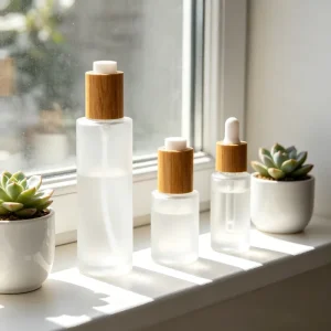 Eco Friendly Frosted Glass Cosmetic Bottle with Bamboo Press Dropper for Serum and Facial Oil