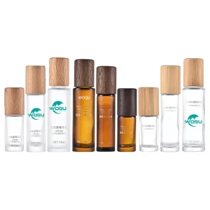 Eco Friendly Screen Printed Glass Roll On Bottles with Real Wood Caps 5ml 10ml 15ml for Essential Oils Serums & Perfumes Box