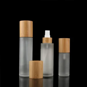 Eco friendly 100ml Bamboo Frosted Glass Lotion Bottle White Glass Sprayer Bottle with Bamboo Lid