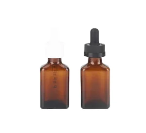 Eco friendly 30ml 1oz Flat Square Amber Glass Essential Oil Bottle Silver Aluminum Screw Cap for Face Cream Skin Care