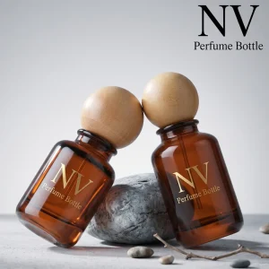 Eco friendly 30ml 50ml 100ml Amber Glass Perfume Bottle with Sphere Wood Lid Refillable Empty Fragrance Spray Bottle with Box