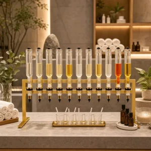 Elegant 12 Bottles Gold Perfume Oil Dispenser For Luxury Spa Wellness Center And Aromatherapy Experience
