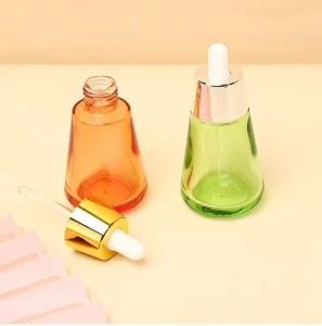 Elegant 30ml 50ml 1oz 2oz Unique Cone Shape Green Empty Oil Serum Dropper Bottles with Box Customize
