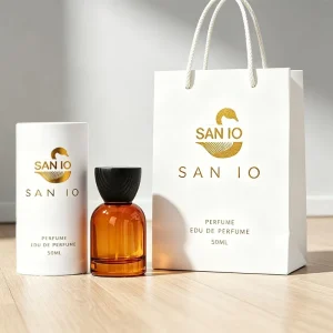 Elegant 50ml Gradient Amber Glass Perfume Container with Black Wood Grain Lid for Spa and Boutique Collections