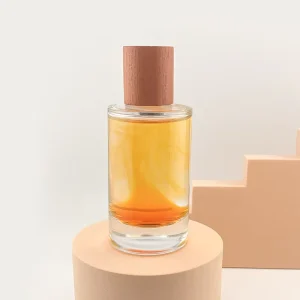 Elegant Cylinder Transparent Glass Perfume Bottle 30ml 50ml 100ml with Cylinder Natural Wooden Cap and Crimp Neck