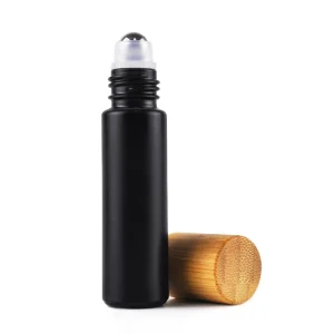 Empty Bamboo Roll on Frosted Black Glass Bottles 10ml Steel Roller Ball Essential Oil Perfume Roller Bottle with Bamboo Lid Cap