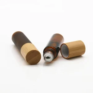 Empty Brown 10ml Refillable Glass Essential Oil Roll on Bottle with Steel Roller for Skin Care Fragrance With Wood Lid