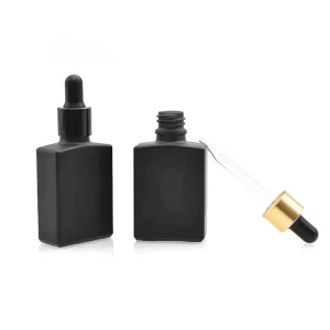 Empty Matte Black 30ml Rectangle Glass Essential Oil Cosmetic Serum Bottle with Glass Dropper for Cosmetic Packaging