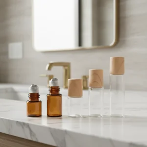 Empty Small Size Essential Oil Bottles 1ml 2ml 3ml 5ml Mini Roller Bottle Roll on Glass Bottle with Wooden Like Cap
