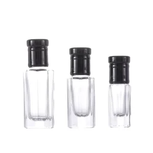 Fancy Octangle Glass Perfume Bottle 3ml 6ml 12ml Attar Flat Shape with Roll on Aluminum Cap