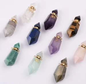 Fashion Women Essential Oil Natural Amethyst Gemstone Crystal Perfume Bottle Diffuser Stainless Steel Necklace with Dropper