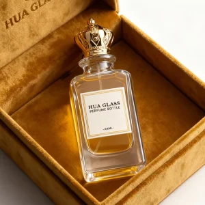 Flat Perfume Glass Bottle Empty Crimp Transparent 85ml with Gold ABS Plastic Cap Leak Proof