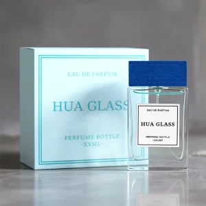 Flat Rectangular Clear Custom Label 100ml Empty Perfume Bottle Creative Blue Orange Wooden Cap Glass Perfume Bottle