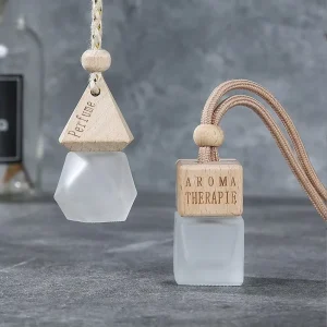 Frosted 8ml Engraved Logo Square Glass Car Perfume Hanging Oil Diffuser Bottle with Wooden Cap
