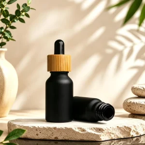 Frosted Amber Black Glass Essential Oil Dropper Bottle 5ml-100ml with Bamboo Cap for Cosmetics Serum