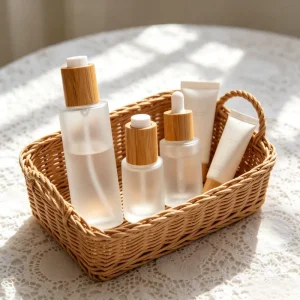 Frosted Glass Serum Bottle with Bamboo Push Button Dropper Cap Eco Friendly Cosmetic Packaging