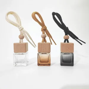 Glass Car Perfume Bottle 8ml Hanging Car Perfume Bottle Cube Shape with Color Design Wood Cap and Rope for Essential Oil
