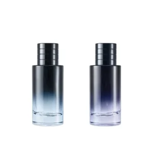 Gradient Blue-Black Cylindrical Glass Perfume Bottle 50ml with Stacked Metal Cap Leakproof Spray Cap Anti-UV Fragrance Container
