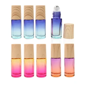 Gradient Colour 5ml Glass Roll on Skincare Bottles Oil Perfume with Wood Grain Cap Cosmetic Packaging Aluminum Roll Ball