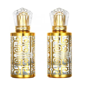 High-End 50ml Round Golden Glass Perfume Bottle with Screw Cap and Screen Printed Design for Men