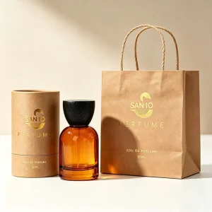 High Quality 50ml Amber Colored Glass Perfume Atomizer Bottle with Natural Wood Texture Cap for Gift Sets