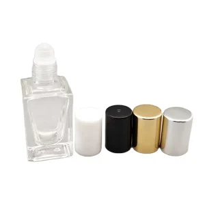 High Quality Empty Square 10ml Roll on Perfume Glass Roller Bottle with Roll Ball and Black White Gold Silver Caps