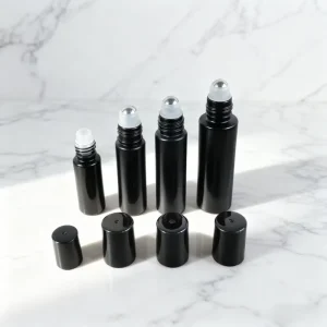 Hot Selling Roll on Bottle Matte Black 5ml 10ml Round Essential Oil Perfume Bottles Steel Glass Roll on Bottle