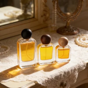 Hot Stamping Luxury High Quality Clear Glass Perfume Bottle with Wooden Cap 30ml 50ml 100ml